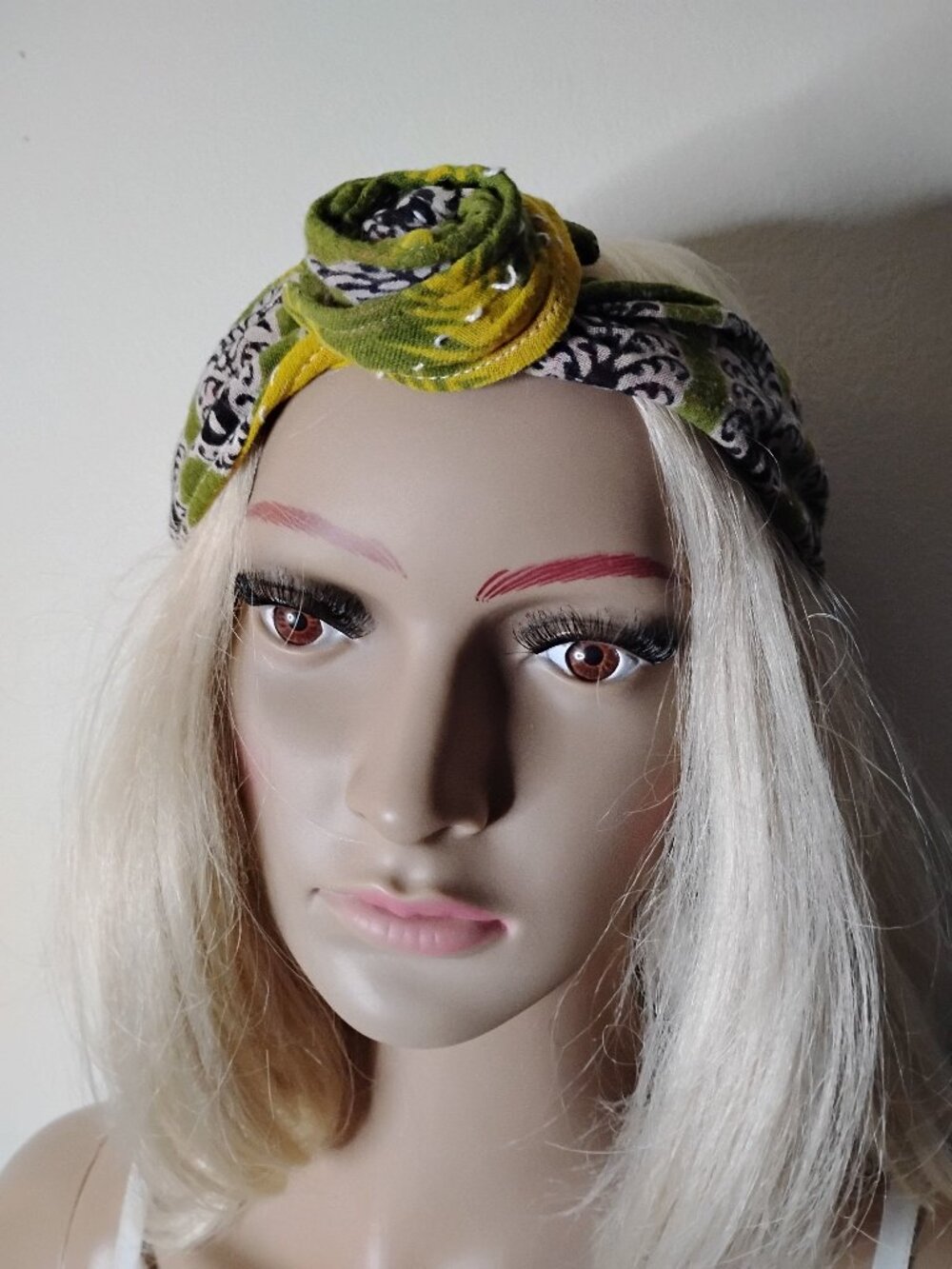 Kantha Wire Headband Green Yellow Reversible Versitle Handmade Boho New KWH1.